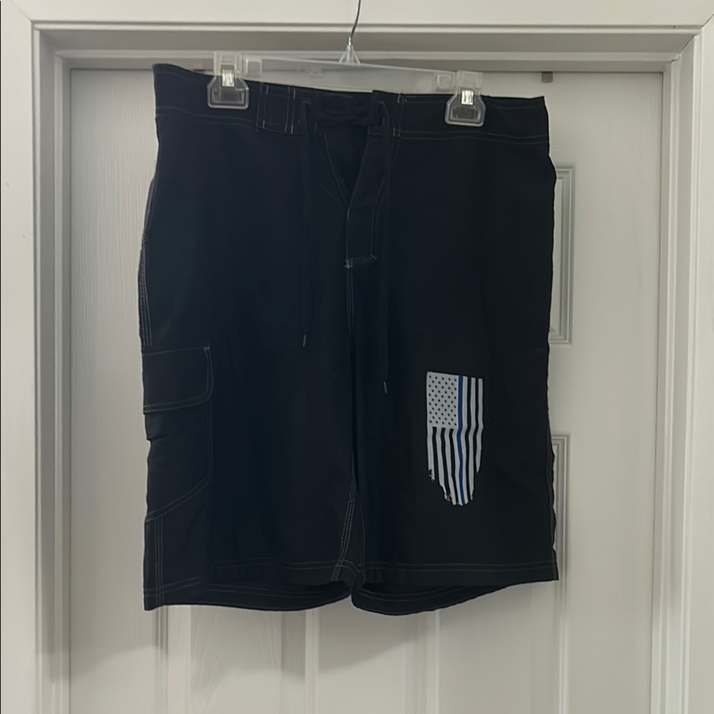 Burnside Black Board Shorts with Thin Blue Line Flag